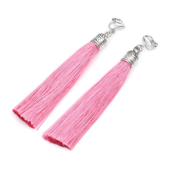 Pink Tassel with Silver Tone Vintage Cap Statement Drop Clip On Earrings
