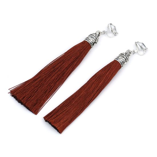 Brown Tassel with Silver Tone Vintage Cap Statement Drop Clip On Earrings