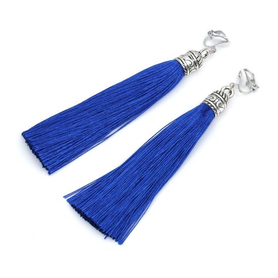 Navy Blue Tassel with Silver Tone Vintage Cap Statement Drop Clip On Earrings