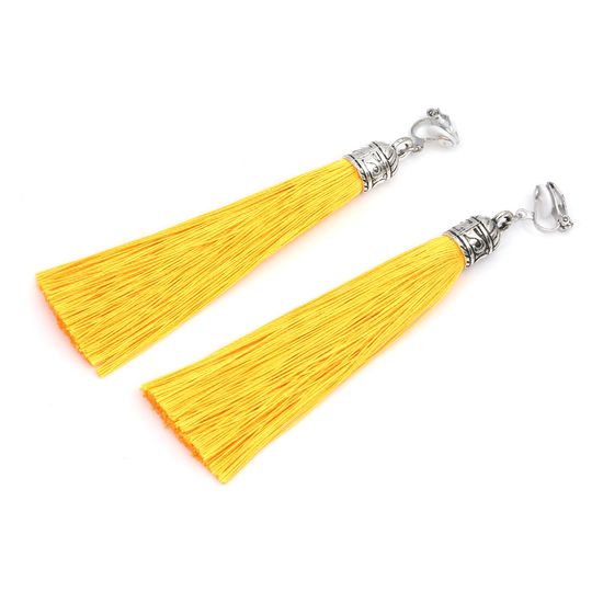 Yellow Tassel with Silver Tone Vintage Cap Statement Drop Clip On Earrings