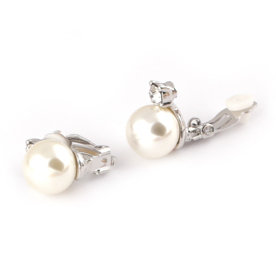 White round simulated pearl with CZ clip on earrings with gift box