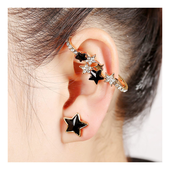Gold-tone black and white crystal pave star ear...