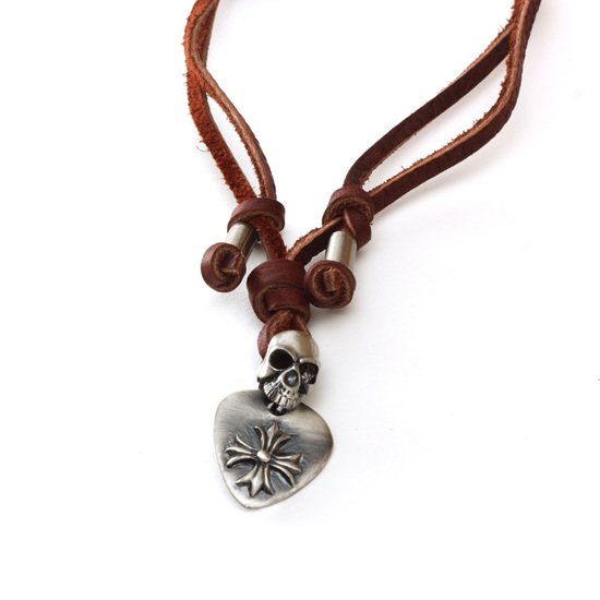 Men brown leather adjustable length necklace with skull pendant