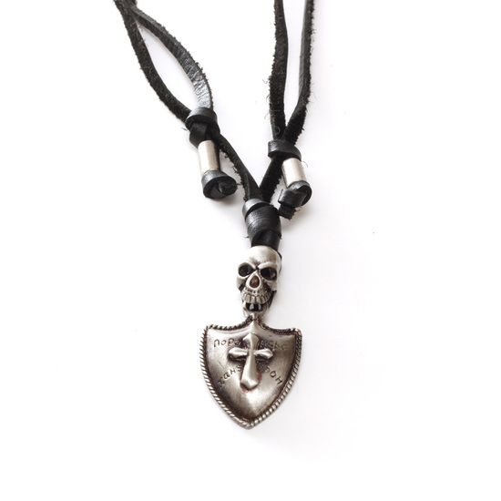 Men black leather necklace with skull and cross shield pendant