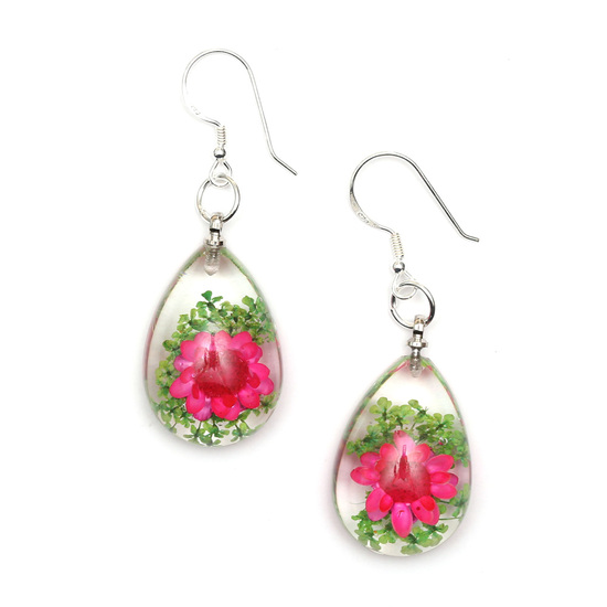 Pink pressed flower in clear resin teardrop dangle earrings