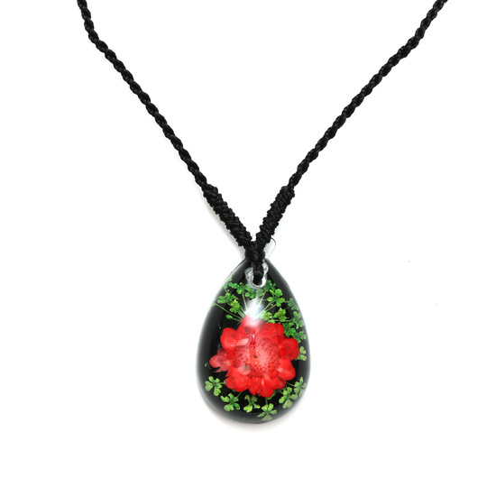 Red pressed flower in black resin teardrop pendant necklace handmade with real flower