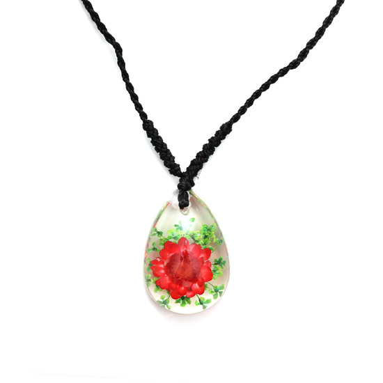Red pressed flower in clear resin teardrop pendant necklace handmade with real flower