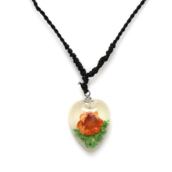 Orange pressed flower in white resin heart pendant necklace handmade with real flower