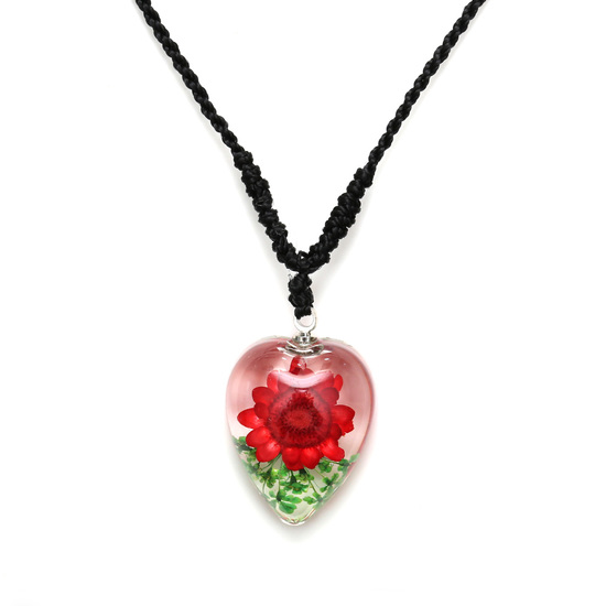 Red pressed flower in clear resin heart pendant necklace