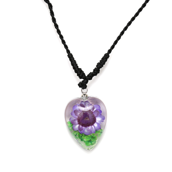 Purple pressed flower in clear resin heart pendant necklace handmade with real flower