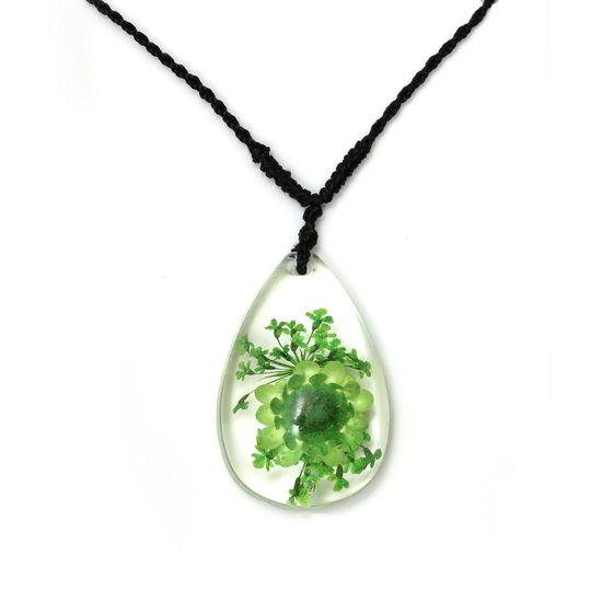 Green pressed flower in clear resin teardrop pendant...