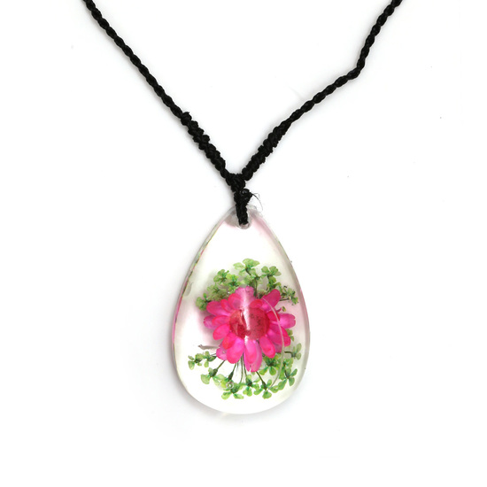 Pink pressed flower in clear resin teardrop pendant necklace handmade