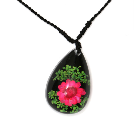 Pink pressed flower in black resin teardrop pendant necklace handmade with real flower