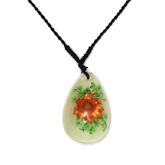 Orange pressed flower in white resin teardrop pendant necklace handmade with real flower