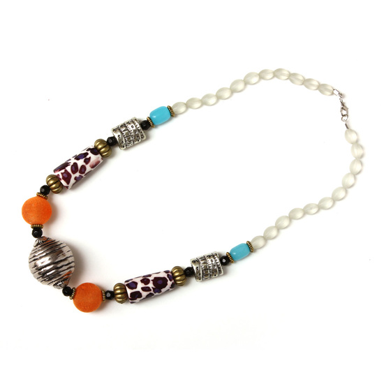 Leopard print with orange and silver tone beads composite necklace