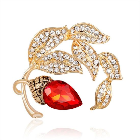 Gold-tone Red Crystal Acorn with Diamante Leaf 