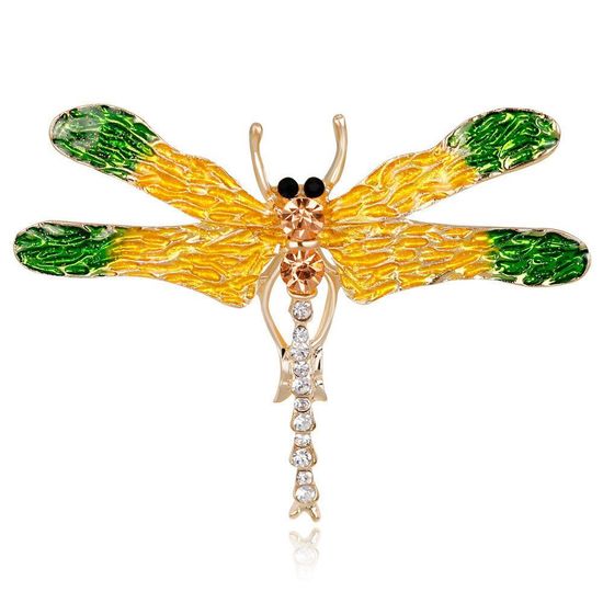 Yellow and Green Enamel Dragonfly Diamante Brooch