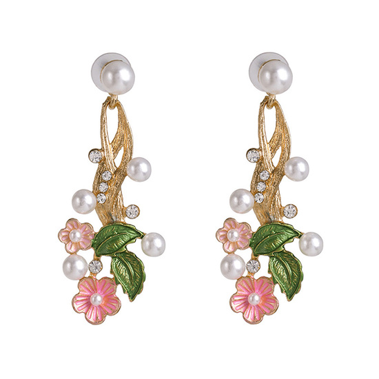 Pink Flower Vine and Pearl Drop Earrings