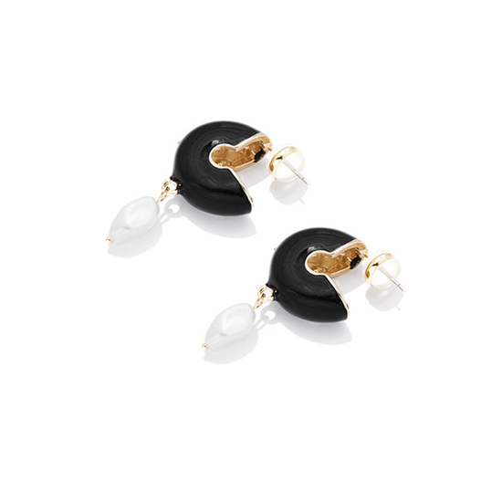 Black Chunky Enamel Hoop Earrings with Faux Pearl...