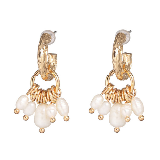 Gold Tone Textured Hoop Earrings with Baroque Freshwater Pearl Drops