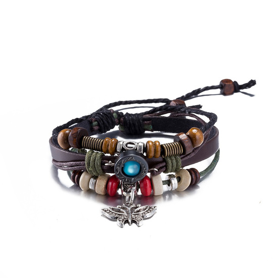 Tribal multi-strand leather wristband with butterfly...