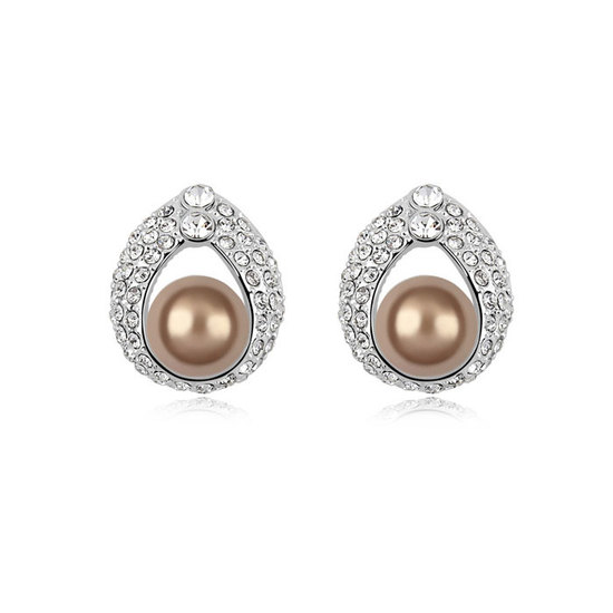 Bronze Swarovski Elements Pearl with crystal teardrop gold-plated stud earrings