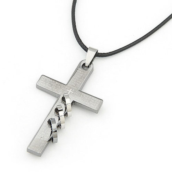 Stainless Steel scriptures cross with triple ring pendant necklace with hemp rope