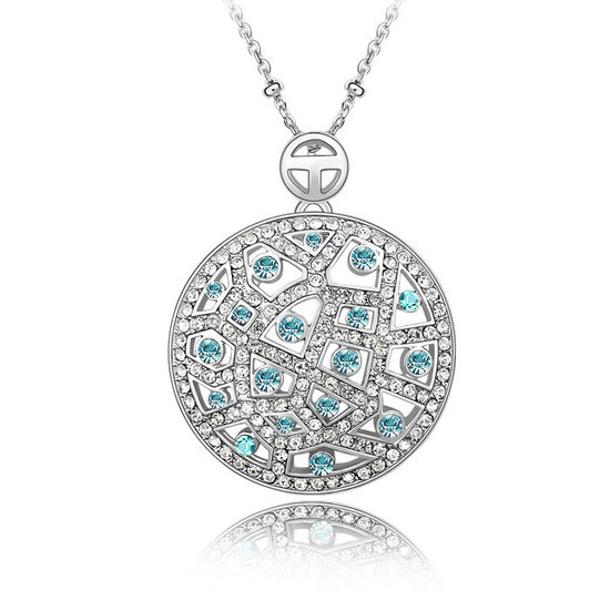 Gold-plated blue Swarovski Elements Crystal round filigree pendant necklace