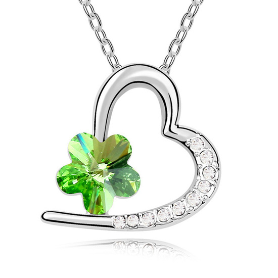 Gold-plated necklace with green Swarovski Elements Crystal flower and heart pendant