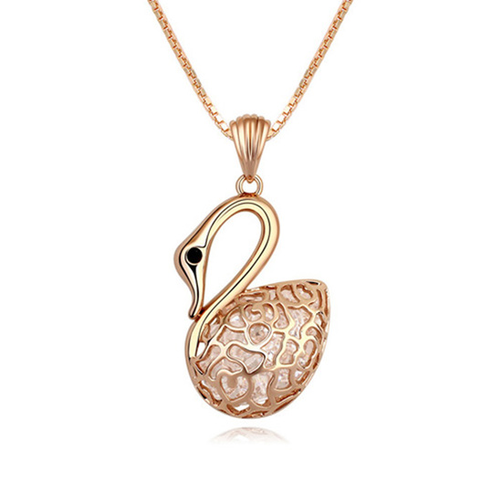 Gold-plated cut out swan pendant with white Austrian Crystals long necklace
