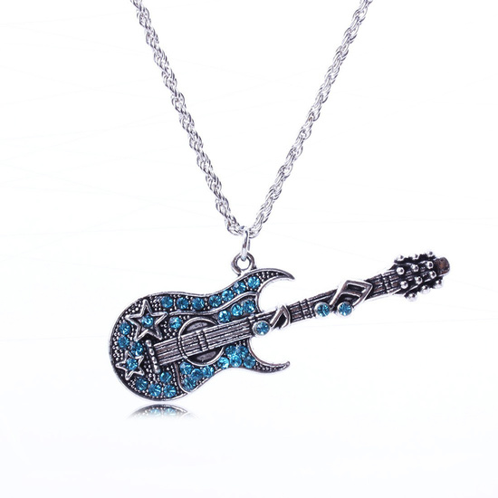 Blue crystal guitar rock pendant necklace