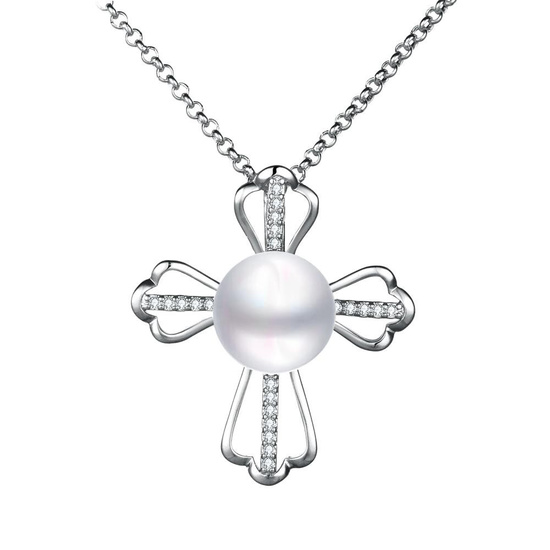 White faux pearl with CZ cross silver-tone pendant necklace