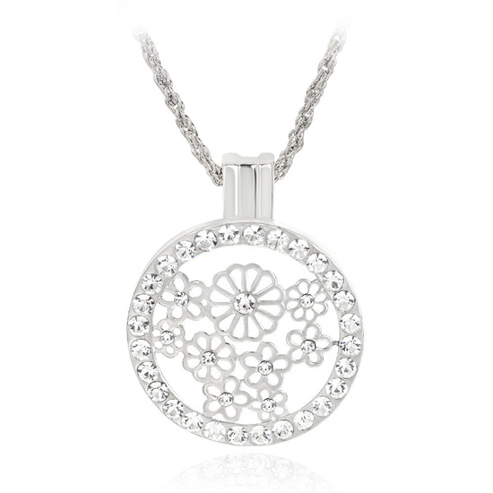 Silver-tone round pendant with flowers and CZ necklace