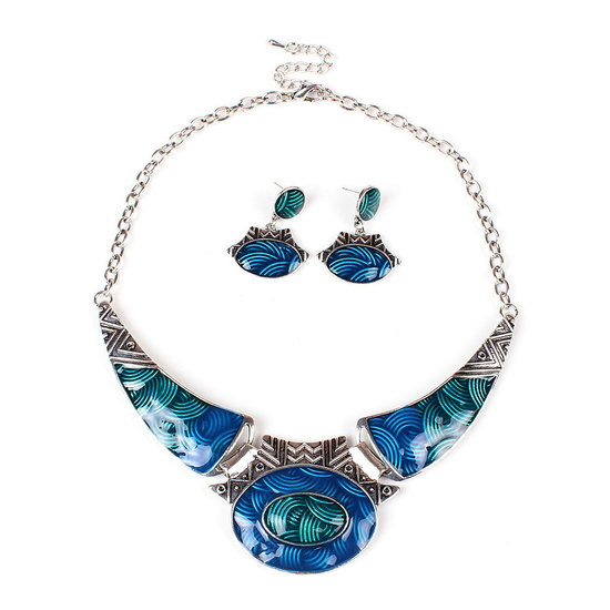 Antique silver plated blue turquoise wavy ocean inspired enamel drop stud earrings and necklace set