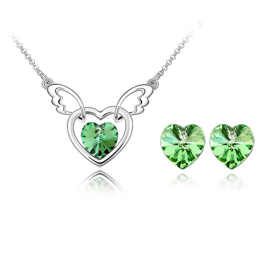 Green Swarovski Elements Crystal angel heart gold-plated necklace and earrings jewellery set