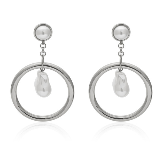 Silver Tone Hoop with Baroque Pearl Drop Earrings