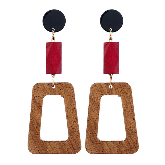 Red Bead with Wooden Trapezoid Drop Earrings