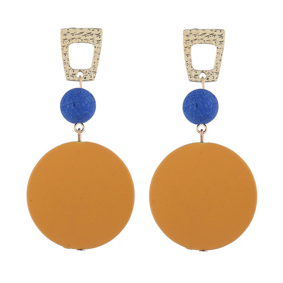 Yellow Wooden Disc with Blue Bead Drop Earrings