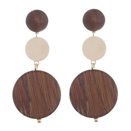 Trio Creamy White and Brown Wooden Disc Drop Earrings