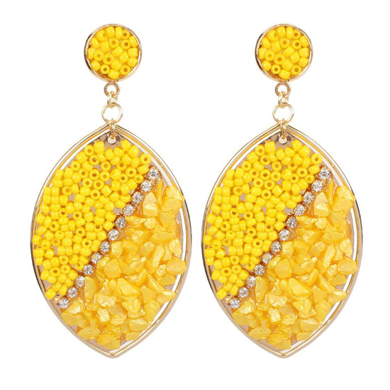 Yellow Seed Bead and Stone Leaf Drop Earrings
