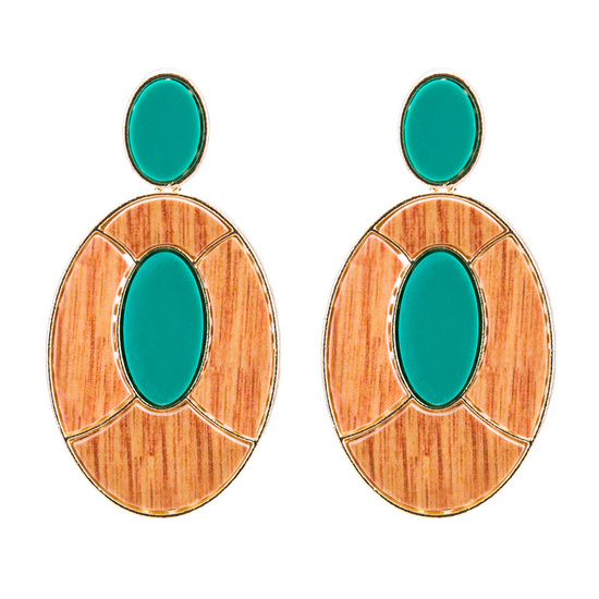 Green Oval Wood Effect Drop Earrings
