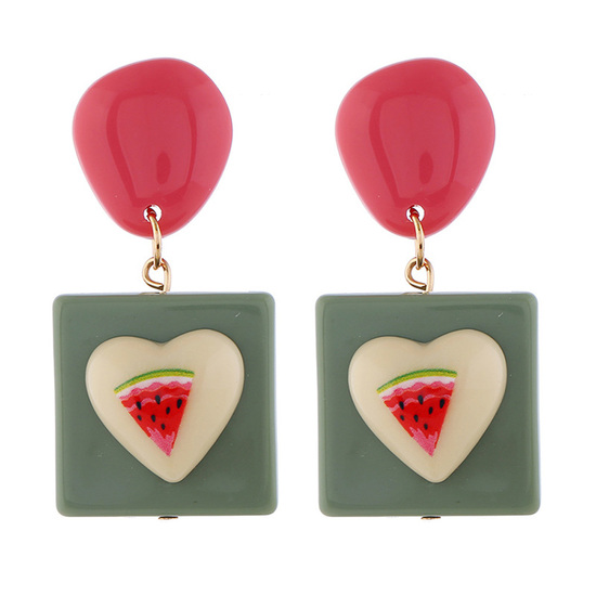 Green Square with Watermelon on Heart Drop Earrings