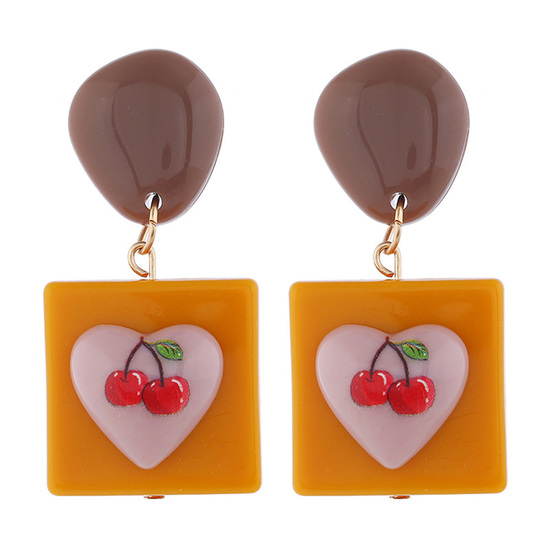 Mustard Square with Cherries on Heart Drop Earrings