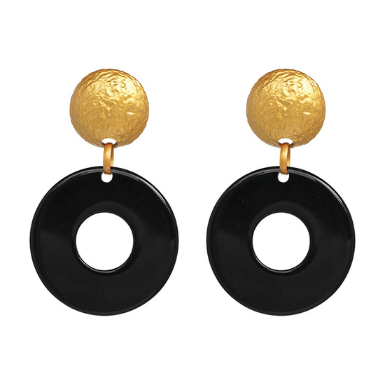 Black Doughnut Hoop with Textured Button Drop Earrings