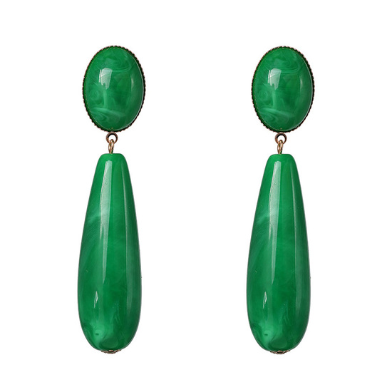 Green Long Teardrop and Oval Marble Effect Drop Earrings