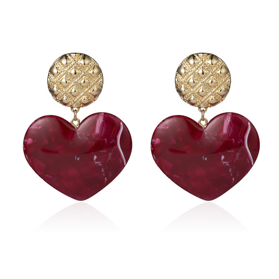 Red Marble Effect Heart with Grid Pattern Button Drop Earrings