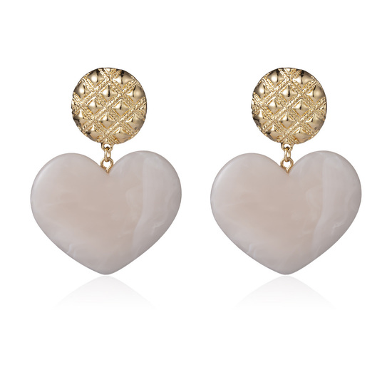 Pale Pink Marble Effect Heart with Grid Pattern Button Drop Earrings