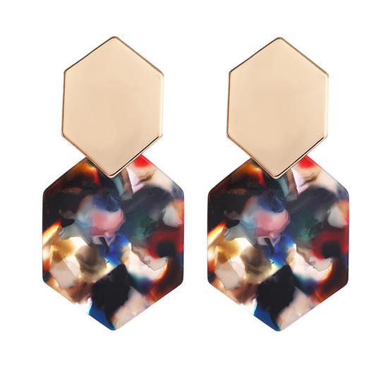 Colourful Acrylic Hexagon Gold Tone Drop Earrings