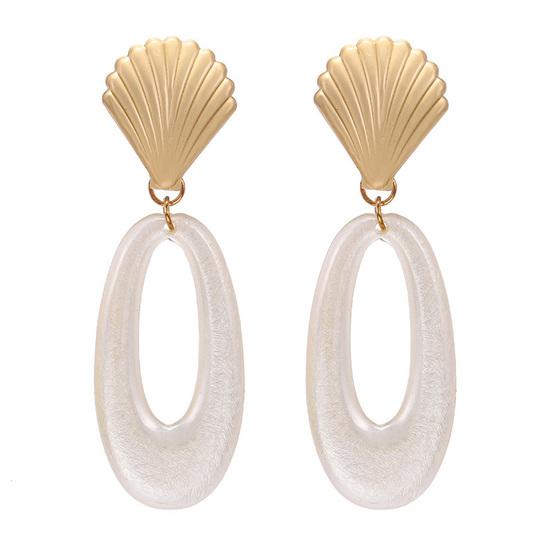 White Oval Hoop With Shell Shape Drop Earrings