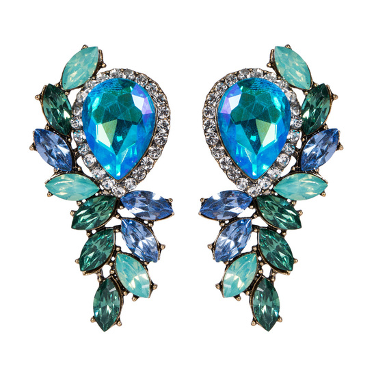 Blue and Green Teardrop Crystal Embellishment Stud Earrings